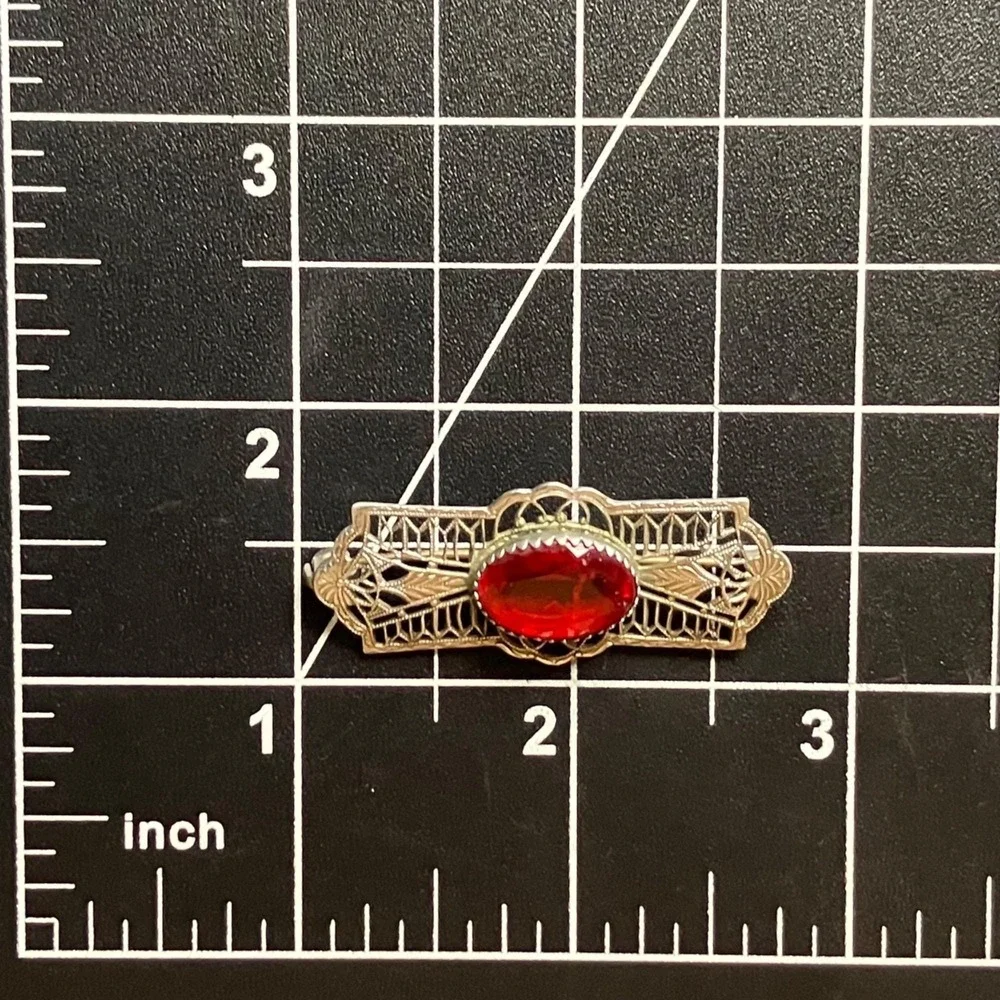 Antique Art Deco Silver Tone Filigree Brooch Red Faceted Glass C Clasp